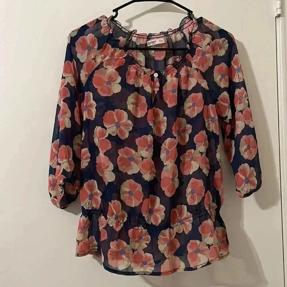 Old Navy Blue And Orange Floral Blouse Women Small